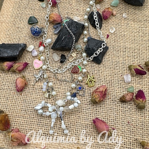 Opals pearls lapis and coral multi charms layered chunky necklace - Picture 5 of 9